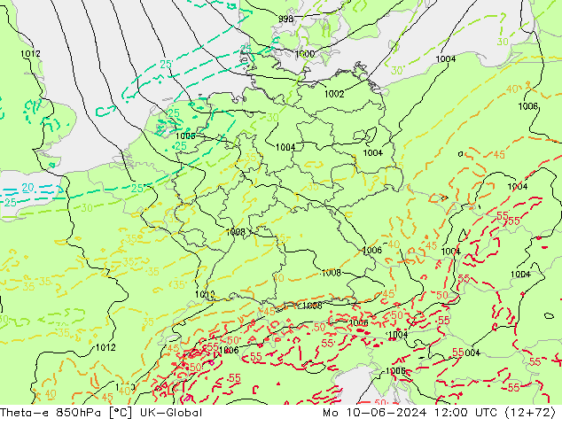 Theta-e 850hPa UK-Global lun 10.06.2024 12 UTC