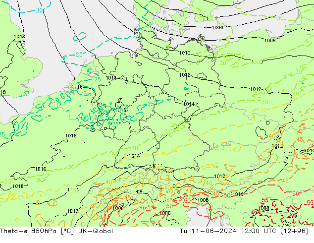 Theta-e 850hPa UK-Global mar 11.06.2024 12 UTC