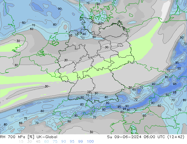 RH 700 гПа UK-Global Вс 09.06.2024 06 UTC