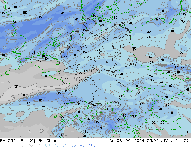 RH 850 hPa UK-Global Sáb 08.06.2024 06 UTC
