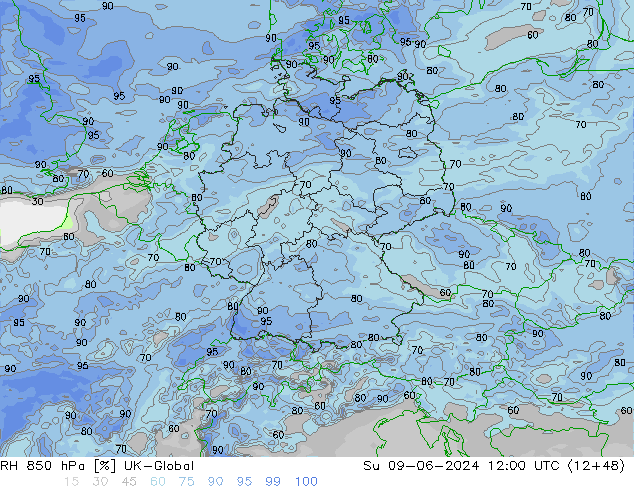 RH 850 hPa UK-Global nie. 09.06.2024 12 UTC