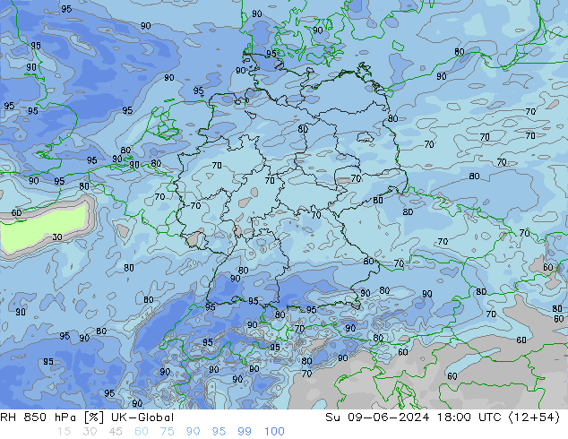 RH 850 hPa UK-Global So 09.06.2024 18 UTC