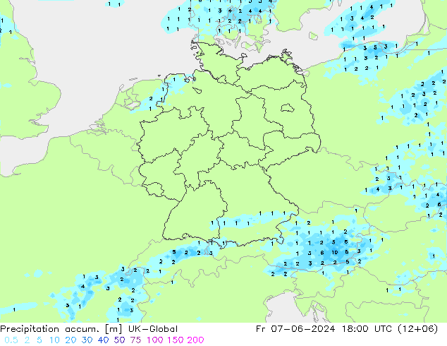 Precipitation accum. UK-Global 星期五 07.06.2024 18 UTC