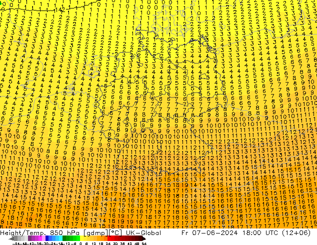 Geop./Temp. 850 hPa UK-Global vie 07.06.2024 18 UTC