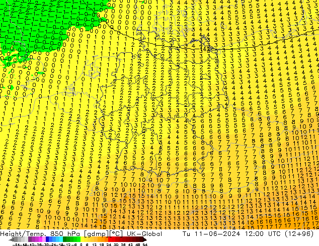 Height/Temp. 850 hPa UK-Global Di 11.06.2024 12 UTC