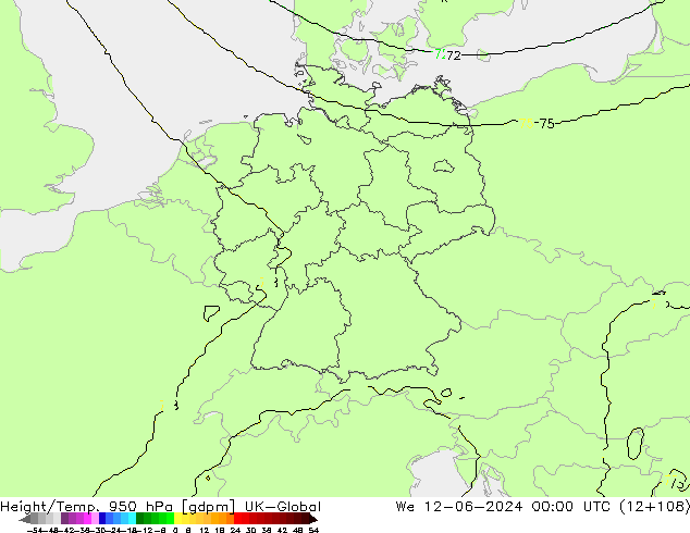 Height/Temp. 950 hPa UK-Global mer 12.06.2024 00 UTC