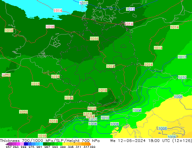 Dikte700-1000 hPa UK-Global wo 12.06.2024 18 UTC