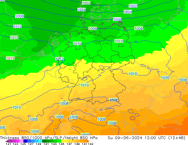 Thck 850-1000 hPa UK-Global Su 09.06.2024 12 UTC