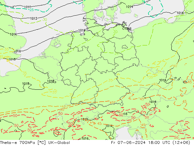 Theta-e 700hPa UK-Global vr 07.06.2024 18 UTC