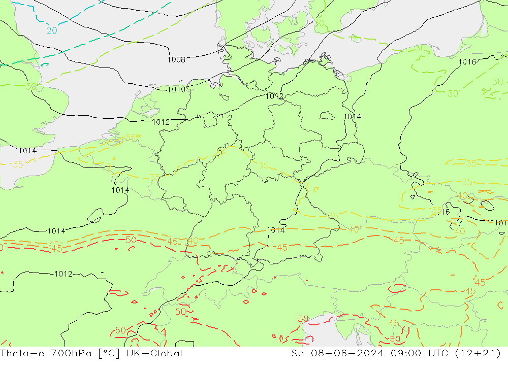 Theta-e 700hPa UK-Global sam 08.06.2024 09 UTC