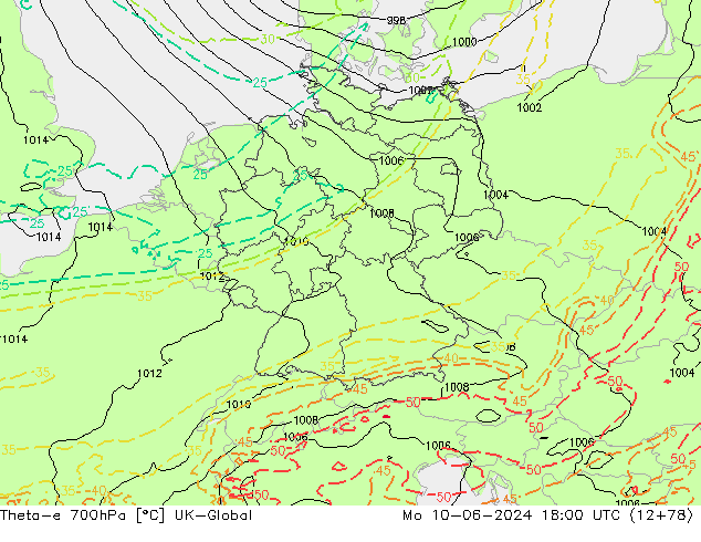 Theta-e 700hPa UK-Global Pzt 10.06.2024 18 UTC