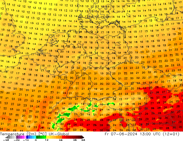 Temperaturkarte (2m) UK-Global Fr 07.06.2024 13 UTC