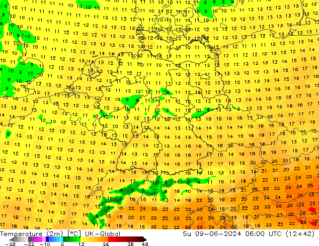 Temperature (2m) UK-Global Su 09.06.2024 06 UTC