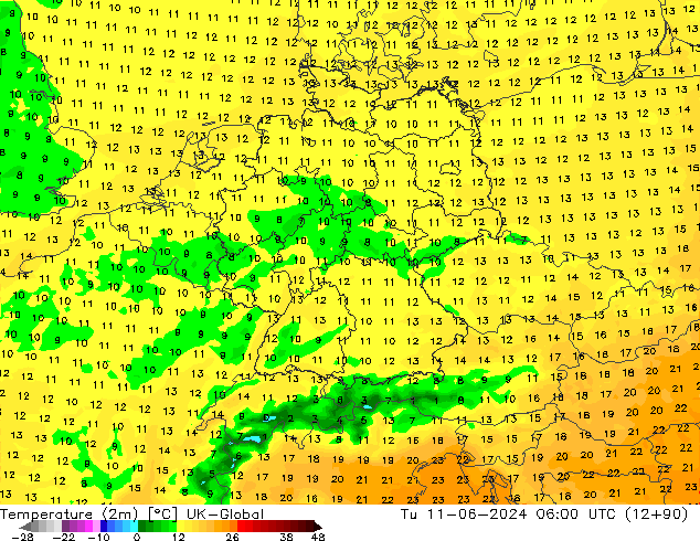Temperaturkarte (2m) UK-Global Di 11.06.2024 06 UTC