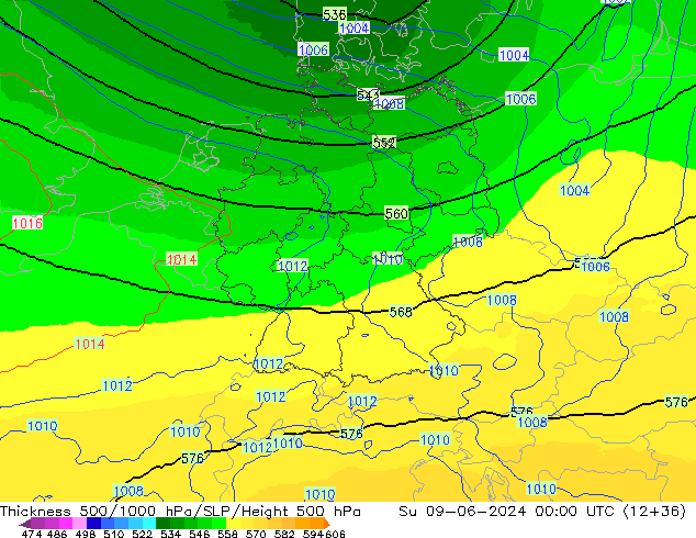 Thck 500-1000hPa UK-Global Su 09.06.2024 00 UTC