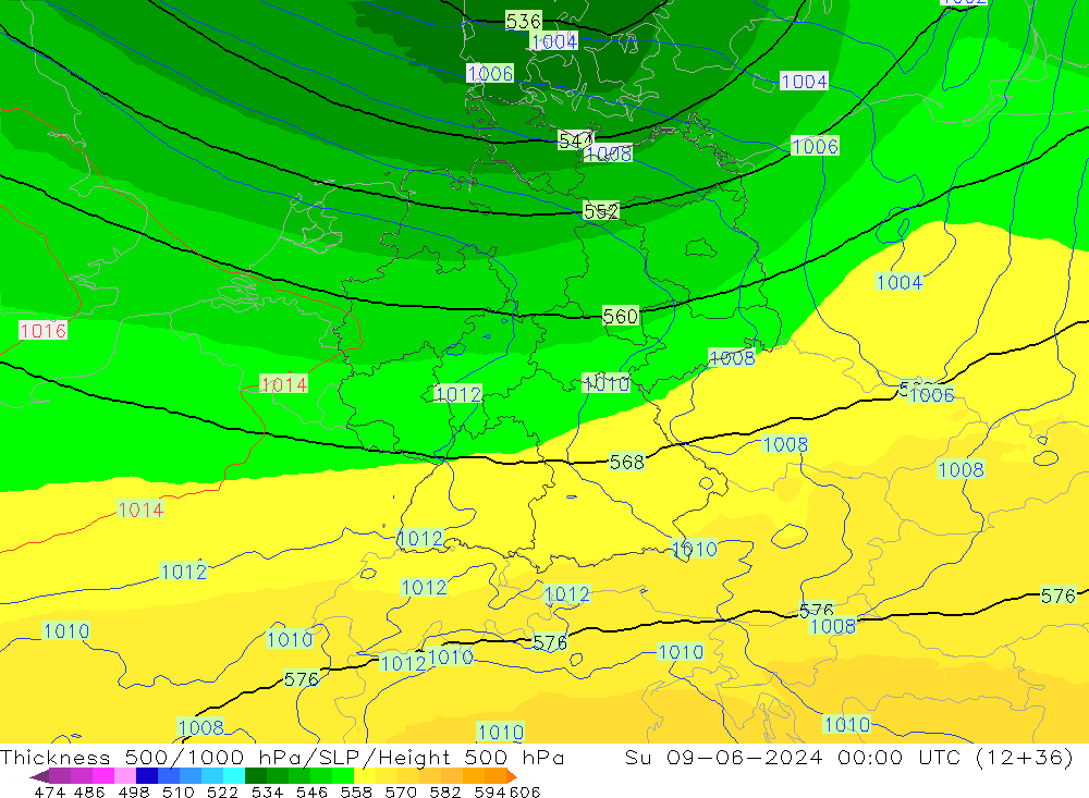 Thck 500-1000hPa UK-Global Su 09.06.2024 00 UTC