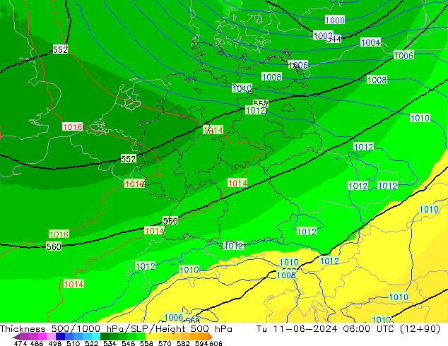 Thck 500-1000hPa UK-Global Út 11.06.2024 06 UTC