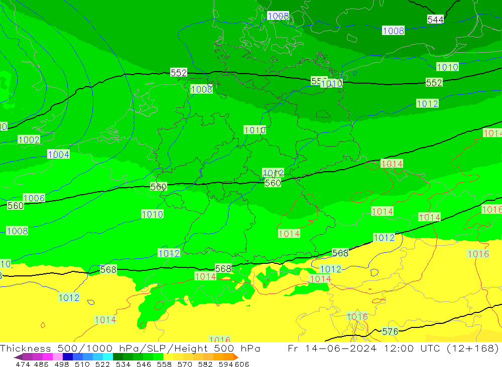 Schichtdicke 500-1000 hPa UK-Global Fr 14.06.2024 12 UTC