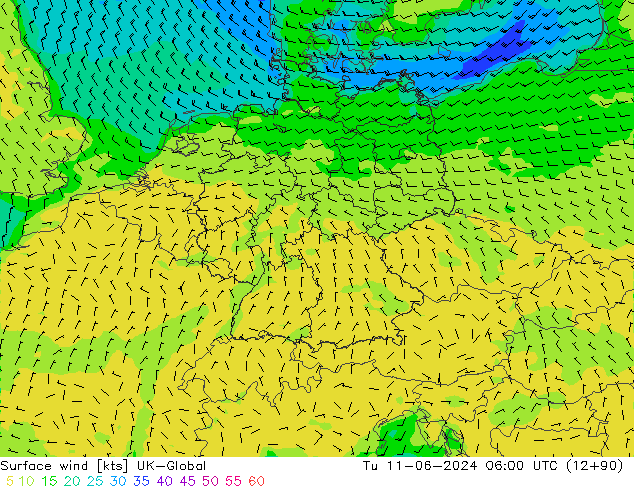 Surface wind UK-Global Út 11.06.2024 06 UTC