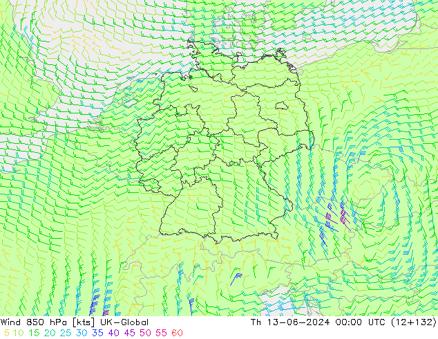 Wind 850 hPa UK-Global Čt 13.06.2024 00 UTC