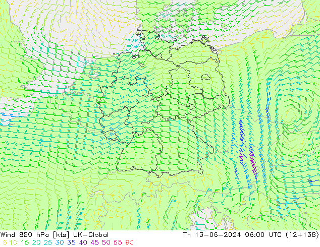 wiatr 850 hPa UK-Global czw. 13.06.2024 06 UTC