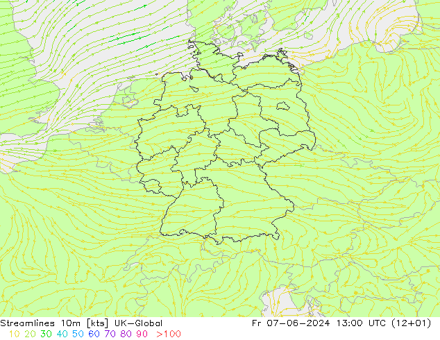 Stromlinien 10m UK-Global Fr 07.06.2024 13 UTC