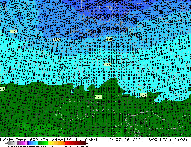 Height/Temp. 500 hPa UK-Global Fr 07.06.2024 18 UTC