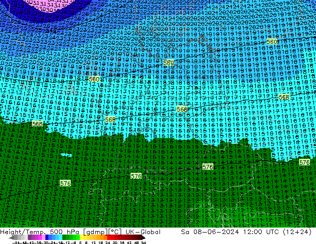 Height/Temp. 500 hPa UK-Global Sa 08.06.2024 12 UTC