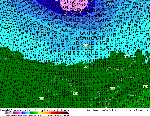 Height/Temp. 500 hPa UK-Global Su 09.06.2024 00 UTC