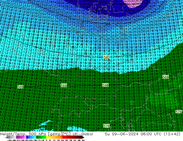 Géop./Temp. 500 hPa UK-Global dim 09.06.2024 06 UTC