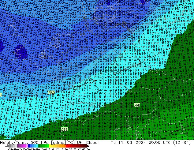 Height/Temp. 500 hPa UK-Global wto. 11.06.2024 00 UTC