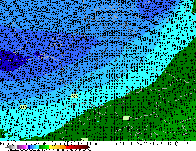 Geop./Temp. 500 hPa UK-Global mar 11.06.2024 06 UTC