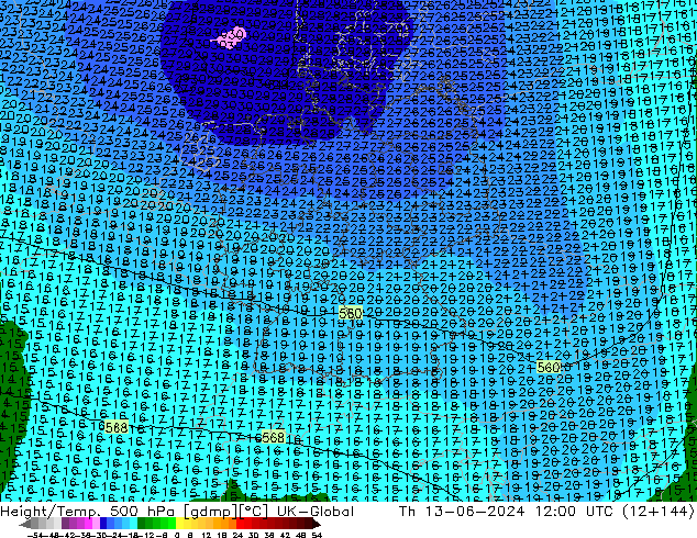 Geop./Temp. 500 hPa UK-Global jue 13.06.2024 12 UTC