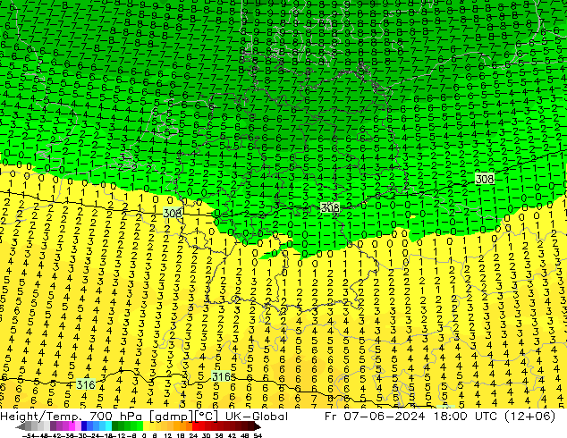 Height/Temp. 700 hPa UK-Global  07.06.2024 18 UTC