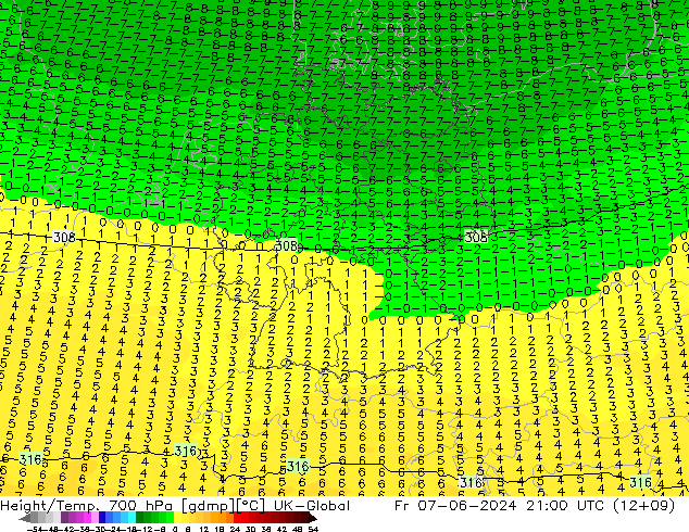 Height/Temp. 700 hPa UK-Global Fr 07.06.2024 21 UTC