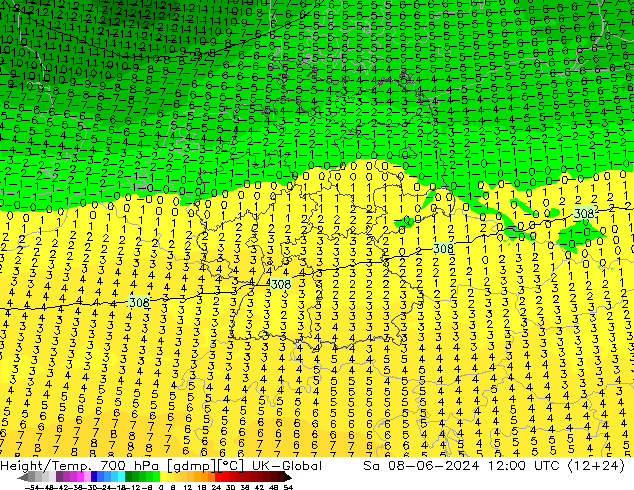 Height/Temp. 700 hPa UK-Global Sa 08.06.2024 12 UTC