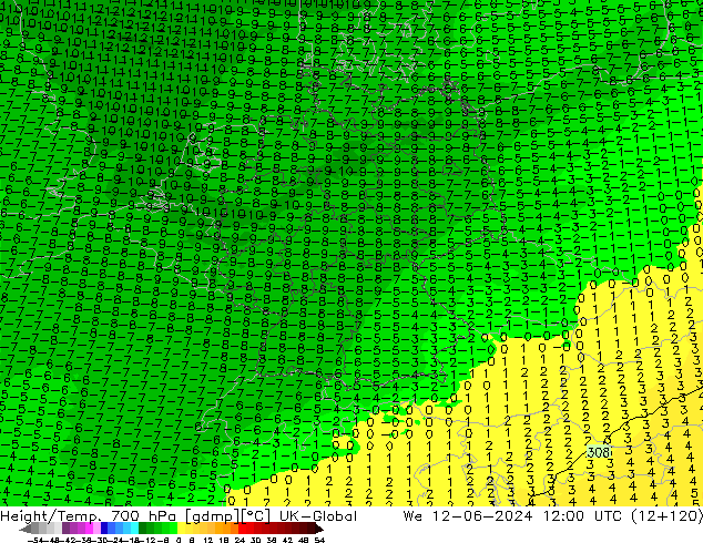 Height/Temp. 700 hPa UK-Global Qua 12.06.2024 12 UTC