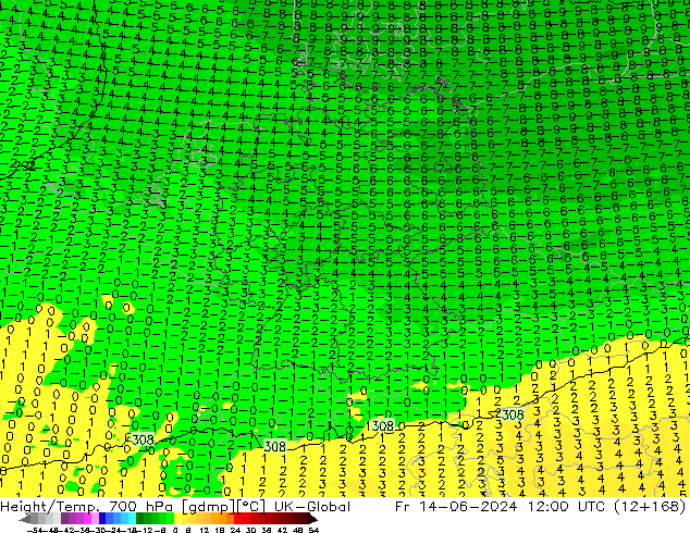 Hoogte/Temp. 700 hPa UK-Global vr 14.06.2024 12 UTC