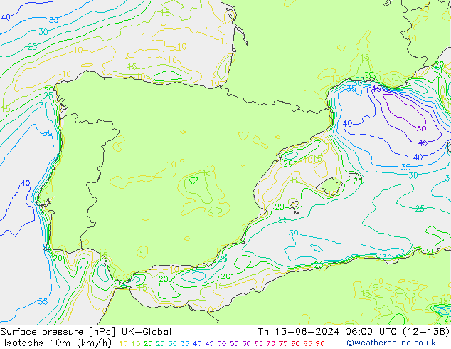 Isotachs (kph) UK-Global Th 13.06.2024 06 UTC