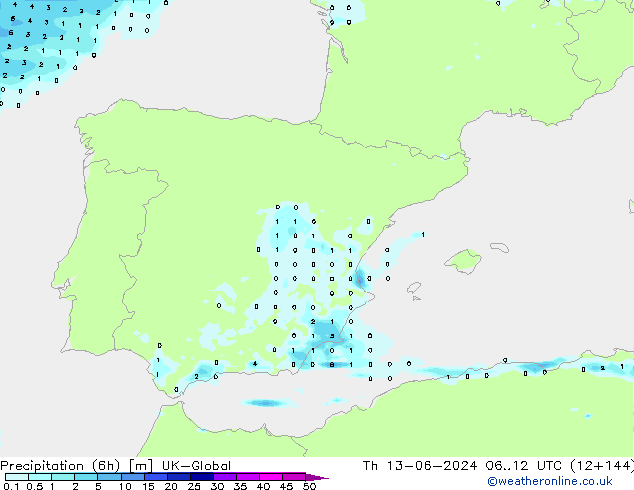 Precipitação (6h) UK-Global Qui 13.06.2024 12 UTC