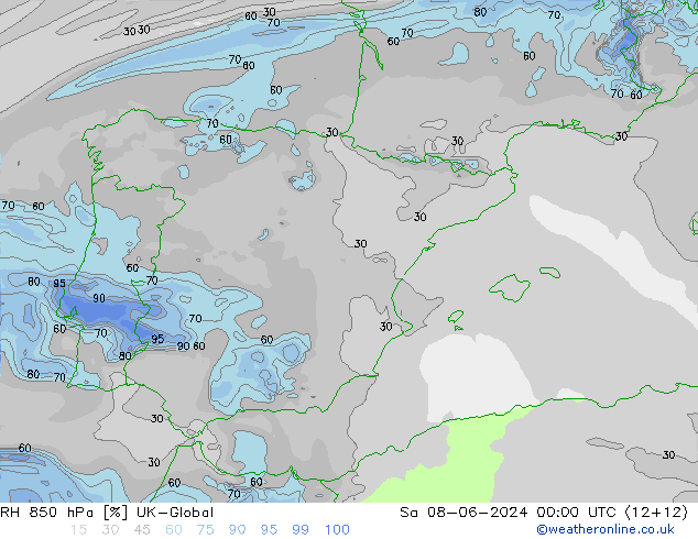 RH 850 гПа UK-Global сб 08.06.2024 00 UTC