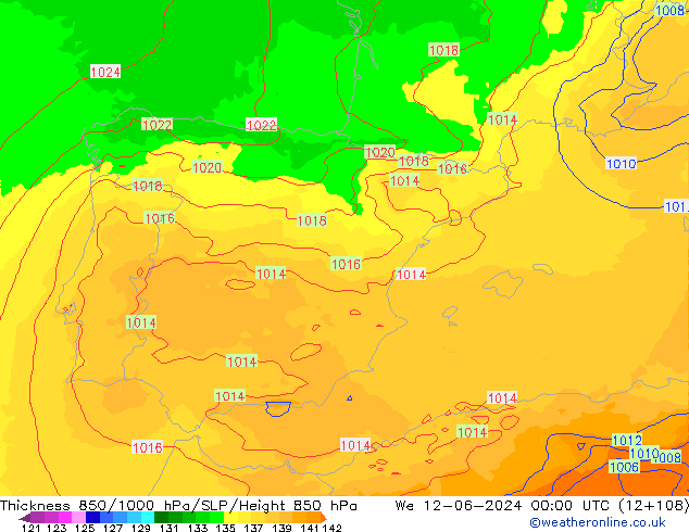 Thck 850-1000 hPa UK-Global śro. 12.06.2024 00 UTC
