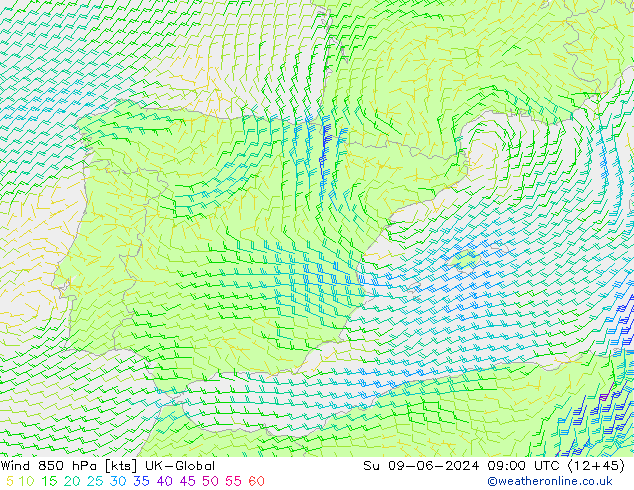 Wind 850 hPa UK-Global Ne 09.06.2024 09 UTC