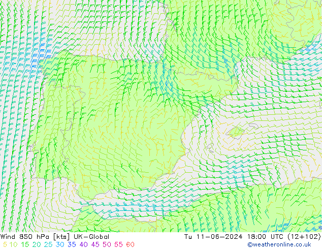 Wind 850 hPa UK-Global Út 11.06.2024 18 UTC