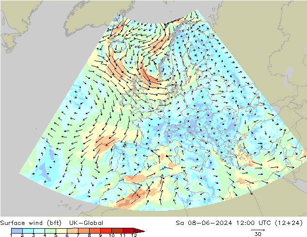 Surface wind (bft) UK-Global So 08.06.2024 12 UTC