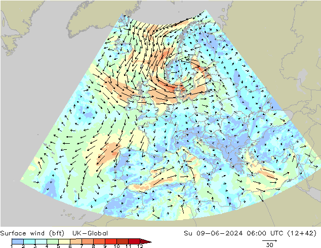 Surface wind (bft) UK-Global Ne 09.06.2024 06 UTC