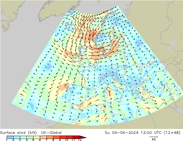 Surface wind (bft) UK-Global Ne 09.06.2024 12 UTC