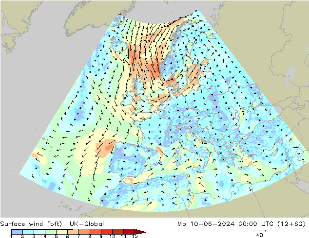 Rüzgar 10 m (bft) UK-Global Pzt 10.06.2024 00 UTC