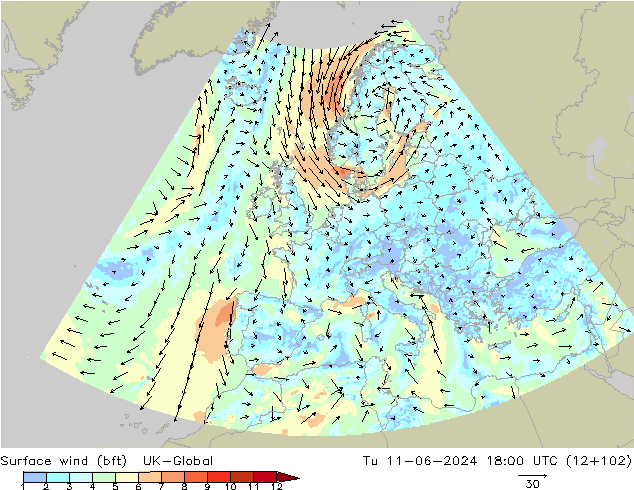 Bodenwind (bft) UK-Global Di 11.06.2024 18 UTC