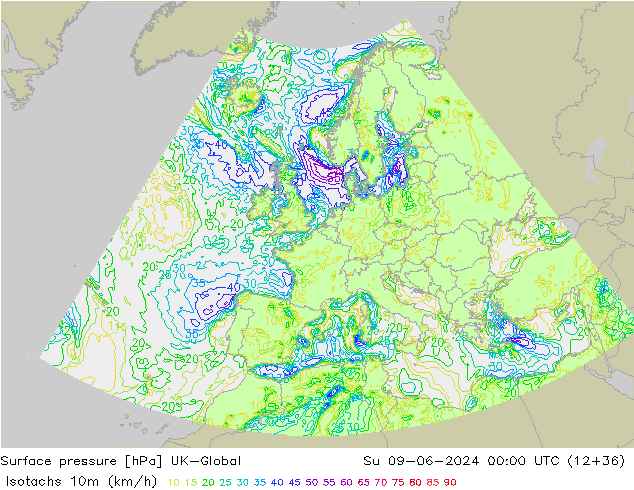 Isotachs (kph) UK-Global dim 09.06.2024 00 UTC